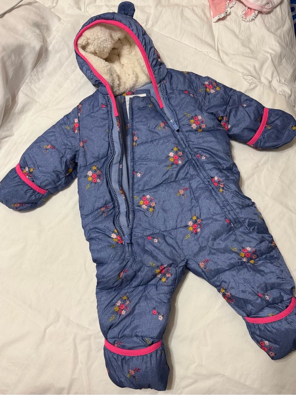 GAP Floral Quilted Hooded Baby One-Piece - Blue with Pink Trim